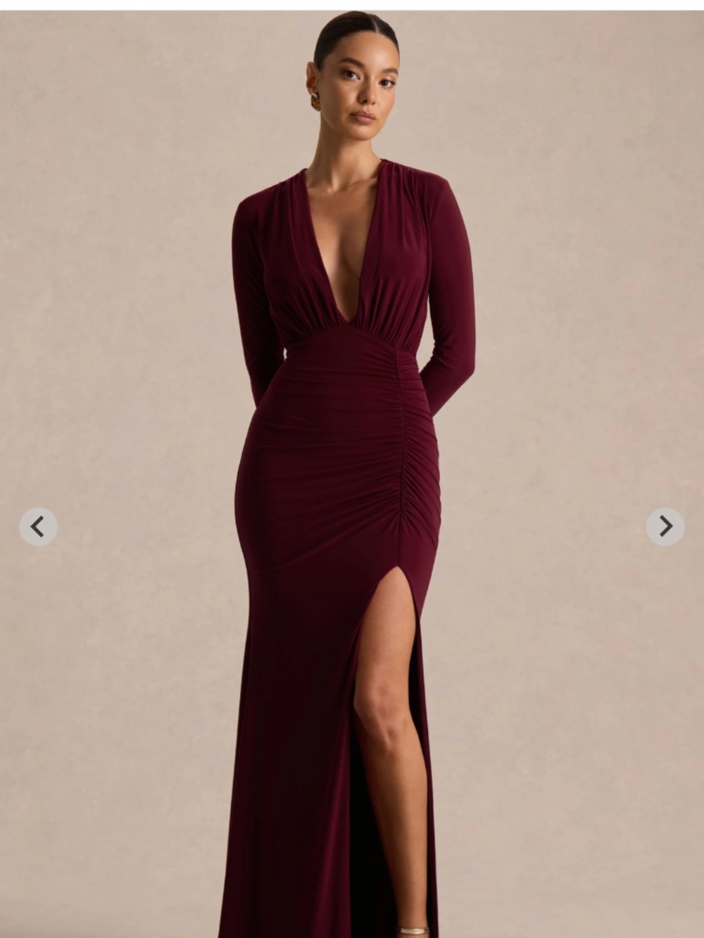 COMMAND Burgundy Plunge-Neck Maxi Dress - Club L London